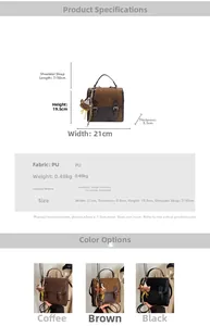 Detailed size guide for retro leopard print backpack showing dimensions 21x19.5x8.5cm