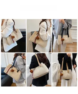 Collage of model styling an oversized canvas tote bag with brown plush bear charm