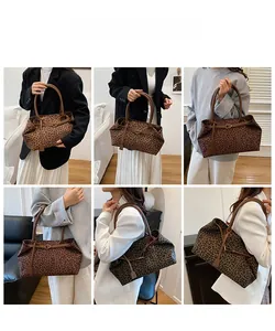 Detailed views of leopard print tote bag showing multiple carry styles and brown handles