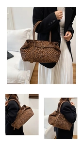 Detailed views of leopard print tote bag showing shoulder strap and handbag carry styles