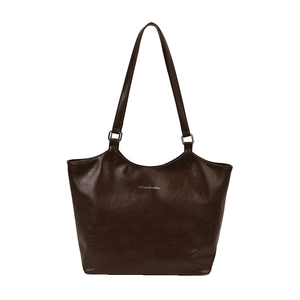 Classic dark brown tote bag in glossy leather finish with sleek silver buckles