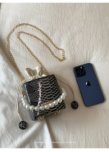 Detailed close-up of retro box bag with snake skin pattern, pearl handle and metal chain