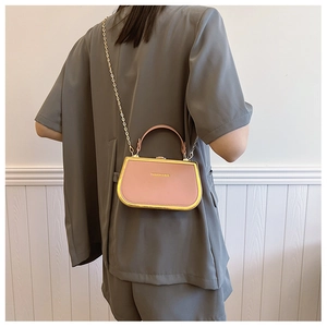 Fashionable pink box handbag with gold chain strap and metal frame shown on a model