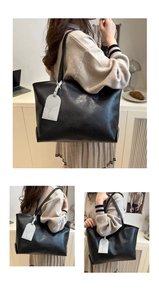 Three-way view of black PU leather tote bag with stylish two-tone tag for daily commuting