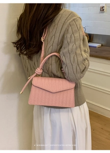 Pink woven PU leather square bag with V-pattern texture and braided handle for women