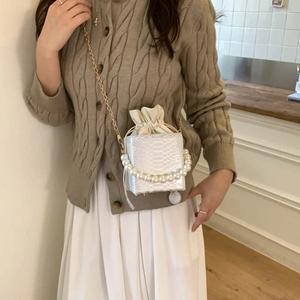 White snake pattern bucket bag with pearl handle and golden chain worn by model