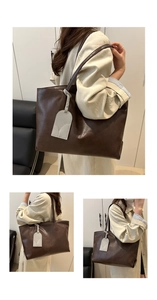 Three-way view of a large dark brown tote bag showing capacity and side charm detail