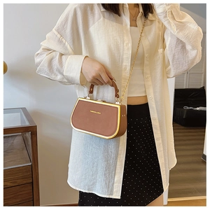 Detail of a brown box handbag featuring a gold metal frame and fashion bag lettering