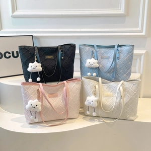 Women Large Capacity Tote Bag Quilted PU Leather Rhombus Pattern Shoulder Bag Daily Commuting With Cloud Charm