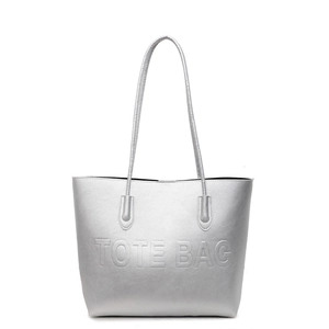 Metallic silver large tote bag with embossed TOTE BAG text for women fashion