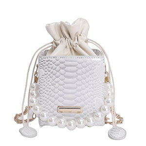 Silver snakeskin box bag with pearl handle and golden chain strap for women