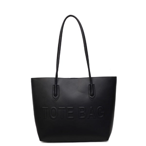 Minimalist large black tote bag with embossed TOTE BAG text and long handles
