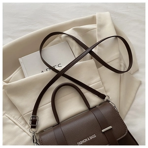 Close-up of deep brown lychee texture leather bag with silver buckle and fashion print