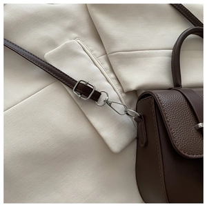 Detail of silver metallic buckle and dark brown lychee texture leather on shoulder bag