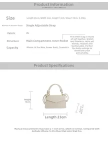 Detailed size specifications for the woven PU leather crossbody bag showing dimensions