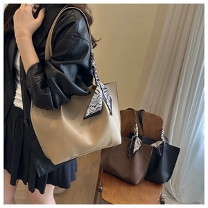 Three pleated tote bags in khaki, brown, and black with decorative marble silk scarves