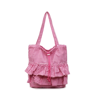 Pink gingham tote bag with sweet ruffle details and drawstring closure for women