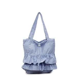 Blue and white plaid tote bag with ruffle details and drawstring closure for women
