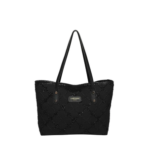Bohemian black large capacity quilted tote bag with diamond texture and handles