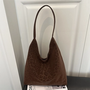 Vintage leopard print suede tote bag with large capacity for women's daily commuting