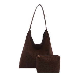 Retro leopard print tote bag with small zipper pouch in brown suede material