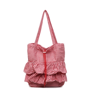 Fashionable red and white gingham tote bag with ruffled edges and drawstring closure