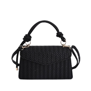 Chic black woven square handbag with top handle and detachable shoulder strap for women