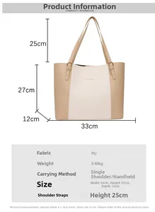 Guide des tailles du cabas rétro en PU avec dimensions L33cm, H27cm, P12cm et bandoulière