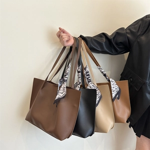 Vintage solid color large tote bag in four colors with decorative marble silk scarf
