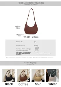 Detail view of stylish crescent-shaped PU leather crossbody bag with size and color charts