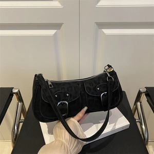 Retro black underarm bag featuring leopard pattern and double pockets with silver buckles