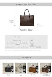 Detailed spec sheet showing a large PU leather tote bag with M-letter monogram patterns