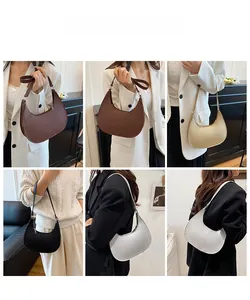 Collage of chic crescent underarm bags in multiple colors shown on a fashion model