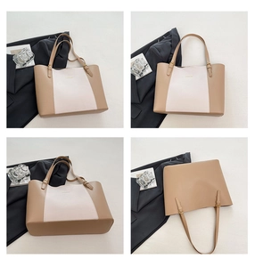 Détails du sac cabas bicolore kaki et beige sous quatre angles avec boucles dorées