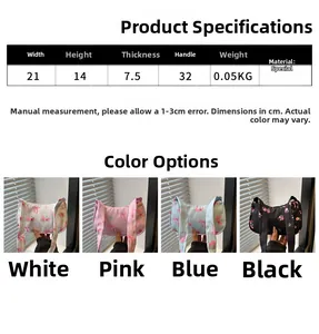 Detailed size chart and multi-color floral crossbody bag specs with 21cm width