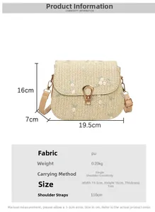 Detailed dimension guide for beige woven crossbody bag with pink floral embroidery