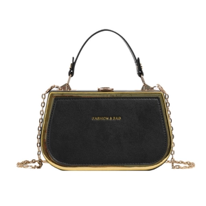 Fashionable black box handbag with gold trim and chain strap, minimalist stylish shoulder bag