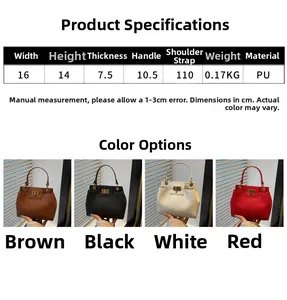 Size chart showing dimensions for minimalist PU leather crossbody bag and color options