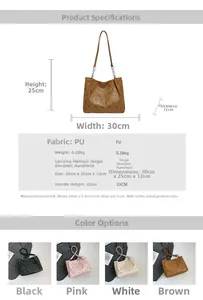 Detailed size specifications and color options for large vintage PU leather tote bags