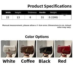 Detailed chart showing handbag size 22x13x6cm and four color options in PU leather