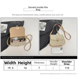 Size chart for straw crossbody bag with floral embroidery and detailed dimensions