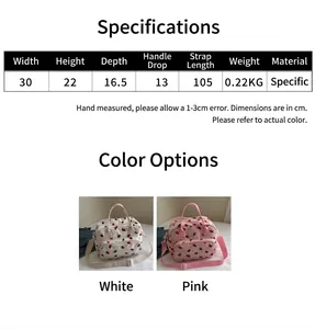 Detailed view of strawberry print canvas bag dimensions and size specifications chart