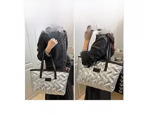 Dual view of a silver quilted tote bag showing hand-carry and shoulder-carry styles