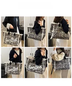 Collage of model lifestyle shots showing large leopard print tote bag with white fringes