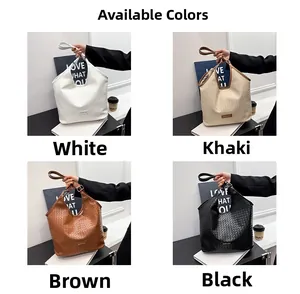 Collage of woven tote bags available in white, khaki, brown, and black colors