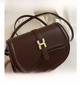 Close-up of golden H-shaped metal buckle on a dark brown leather saddle bag