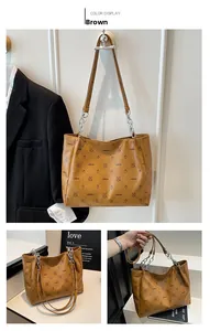 Detail of brown fashion tote with animal print, metal chain strap and large capacity