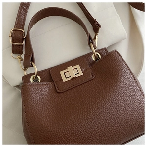 Close-up of brown litchi pattern leather texture and golden rectangular metal twist lock