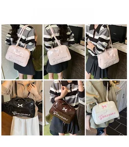 Six different views of glossy leather shoulder bags in pink, black, brown, and cream