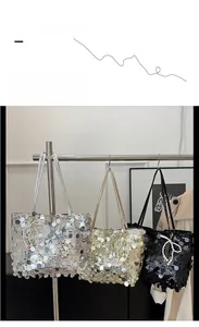 Detailed comparison of sequin tote bags in silver, gold, and black with pearl bow charms